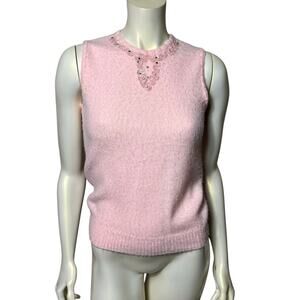 Vintage Pink Knit Sleeveless Sweater Shell Embellished Rhinestone Beaded Top S/M